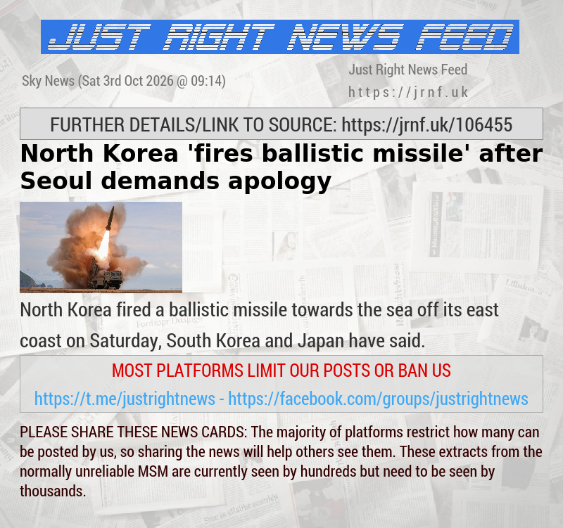 North Korea ’fires ballistic missile’ after Seoul demands apology