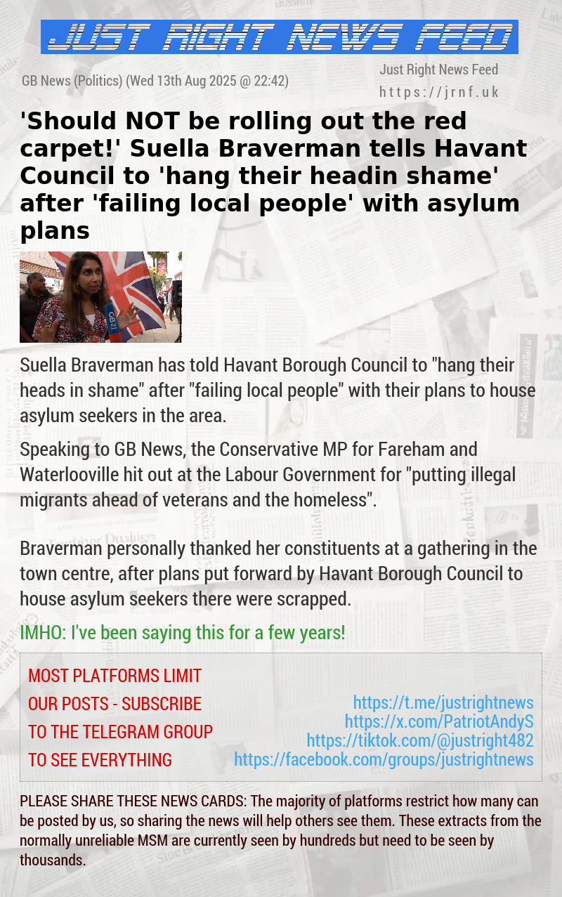 ’Should NOT be rolling out the red carpet!’ Suella Braverman tells Havant Council to ’hang their head in shame’ after ’failing local people’ with asylum plans