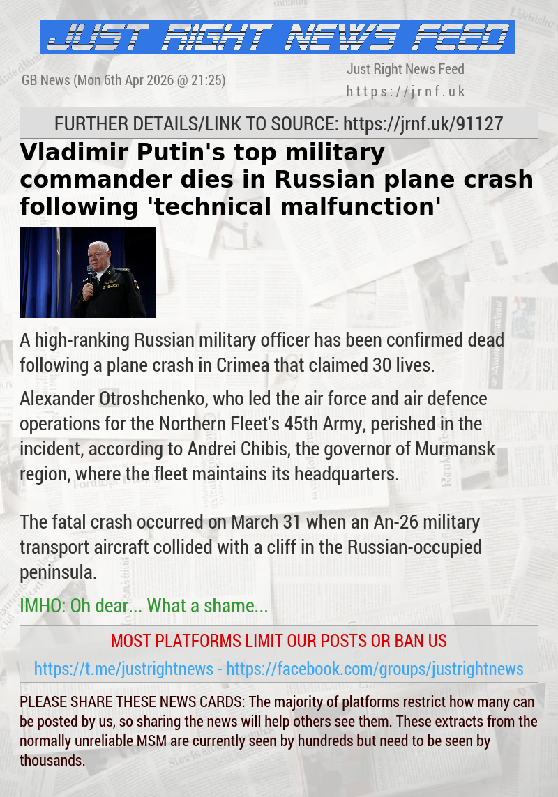 Vladimir Putin’s top military commander dies in Russian plane crash following ’technical malfunction’
