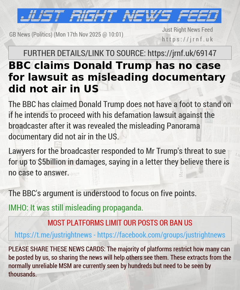 BBC claims Donald Trump has no case for lawsuit as misleading documentary did not air in US