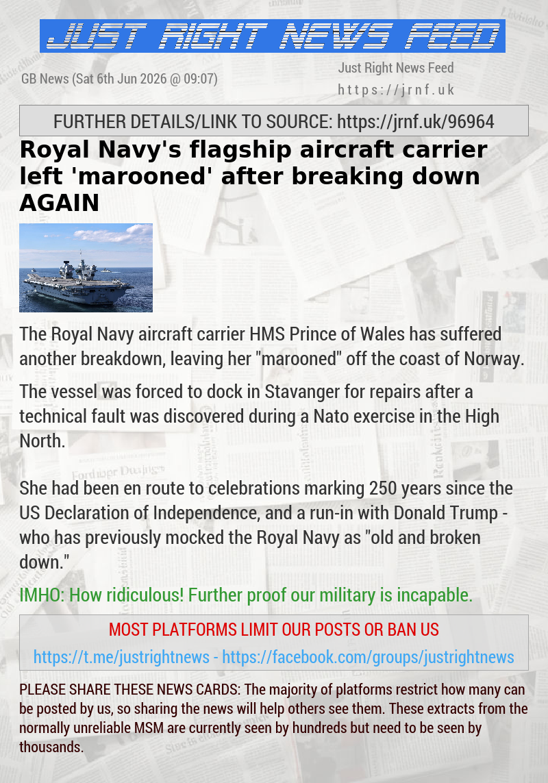Royal Navy’s flagship aircraft carrier left ’marooned’ after breaking down AGAIN