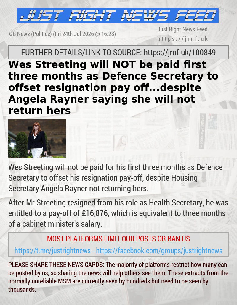 Wes Streeting will NOT be paid first three months as Defence Secretary to offset resignation pay—off...despite Angela Rayner saying she will not return hers