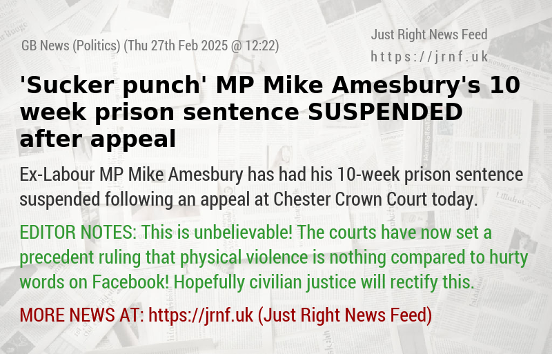 ’Sucker—punch’ MP Mike Amesbury’s 10—week prison sentence SUSPENDED after appeal