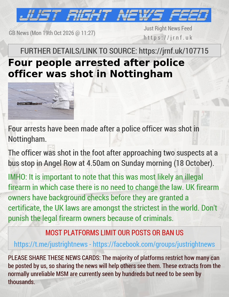 Four people arrested after police officer was shot in Nottingham