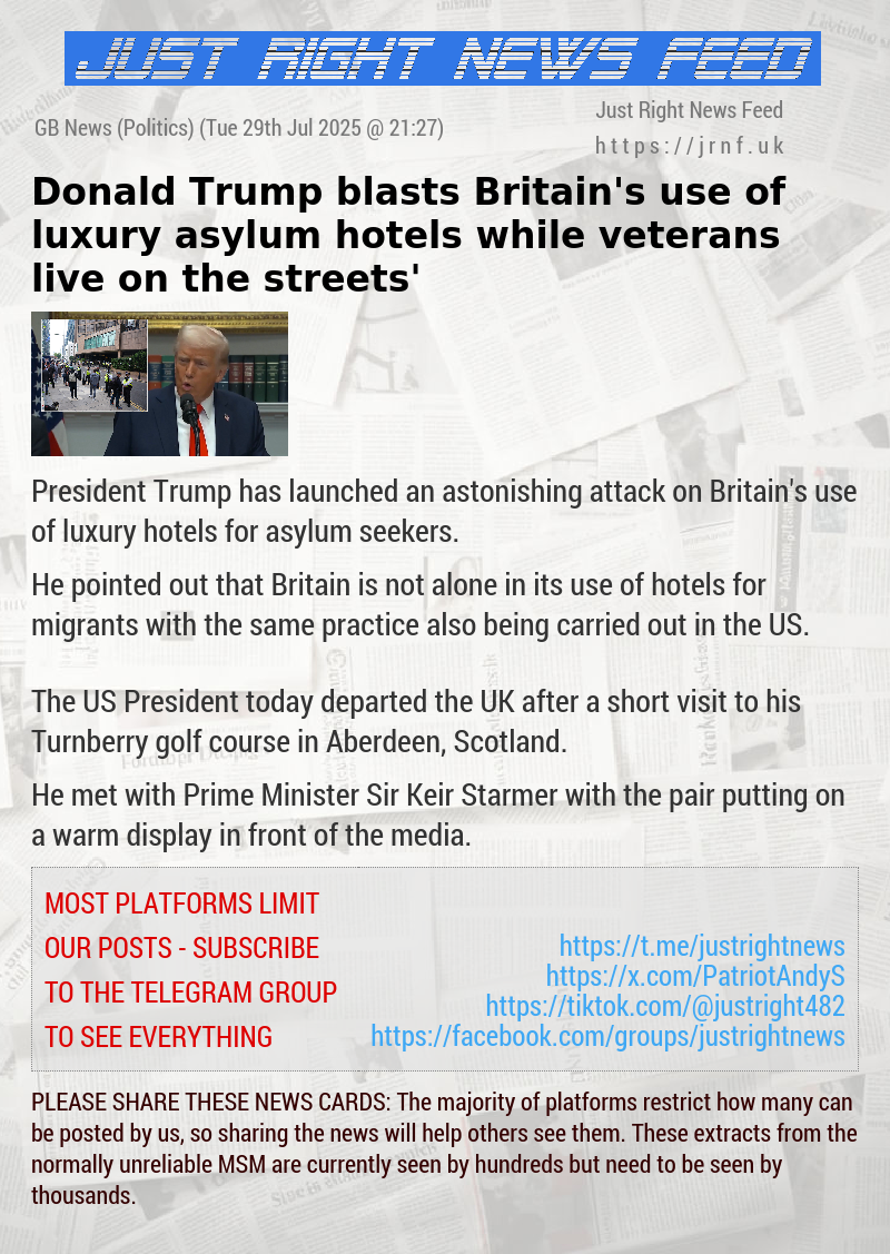 Donald Trump blasts Britain’s use of luxury asylum hotels while veterans ‘live on the streets’