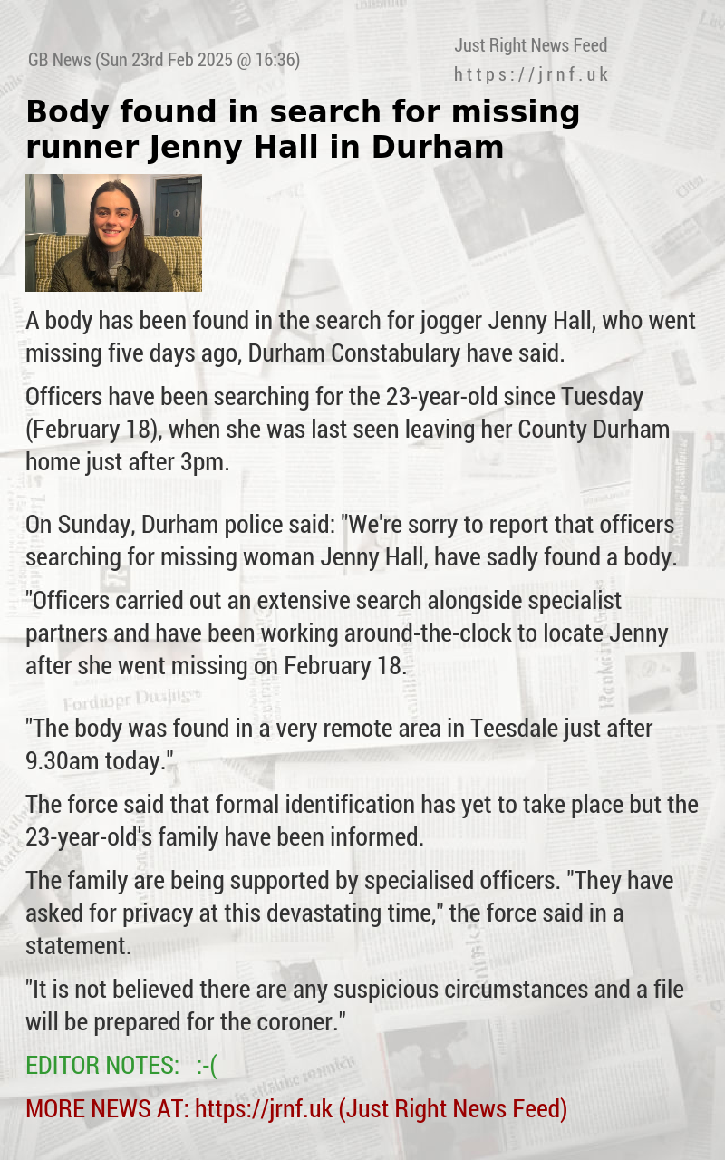 Body found in search for missing runner Jenny Hall in Durham