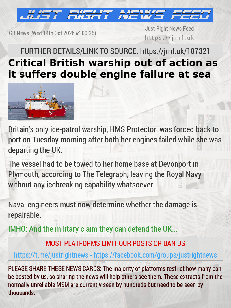 Critical British warship out of action as it suffers double engine failure at sea
