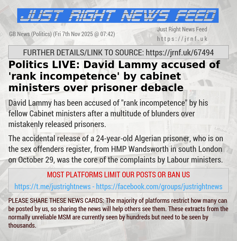 Politics LIVE: David Lammy accused of ’rank incompetence’ by cabinet ministers over prisoner debacle