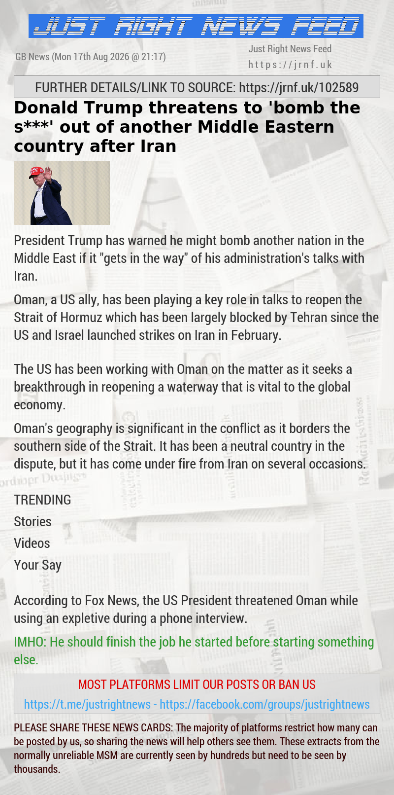Donald Trump threatens to ’bomb the s***’ out of another Middle Eastern country after Iran