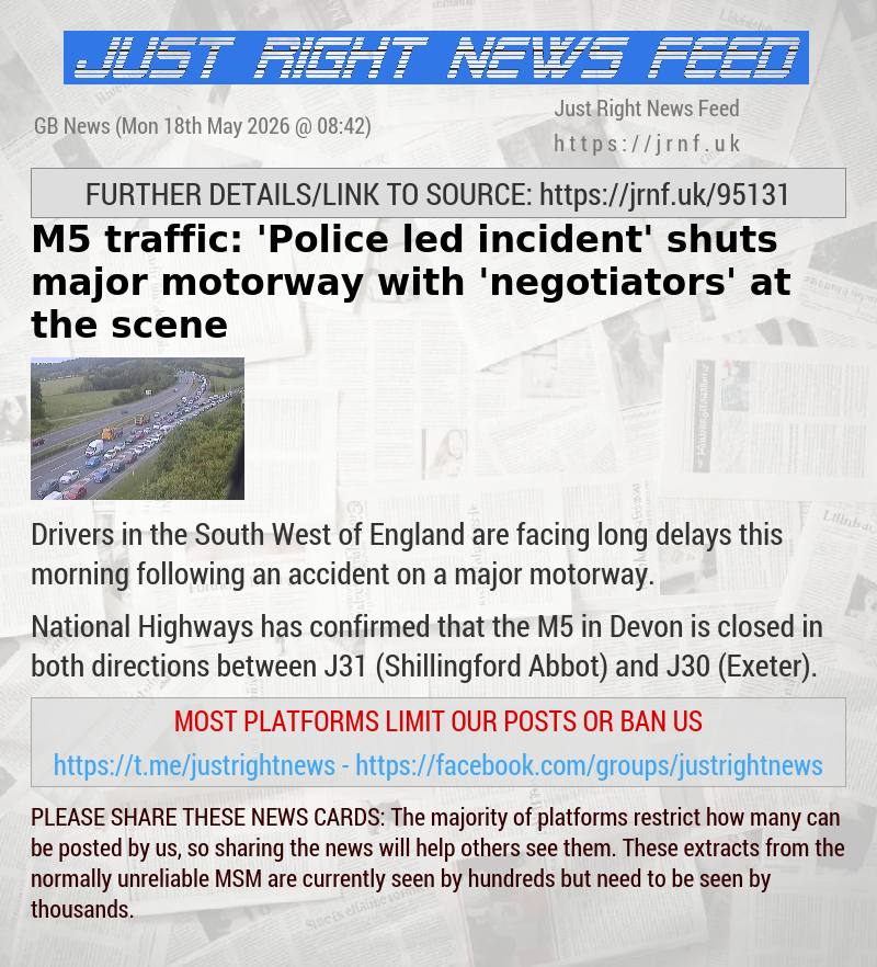 M5 traffic: ’Police—led incident’ shuts major motorway with ’negotiators’ at the scene