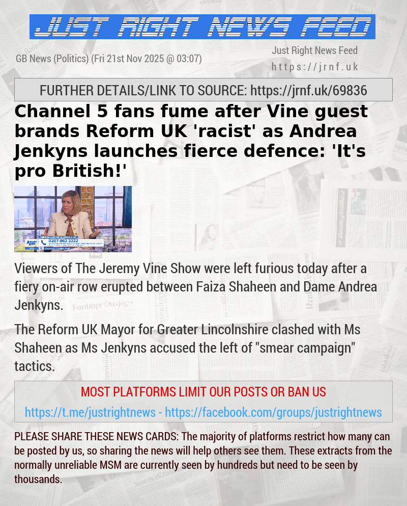 Channel 5 fans fume after Vine guest brands Reform UK ’racist’ as Andrea Jenkyns launches fierce defence: ’It’s pro British!’