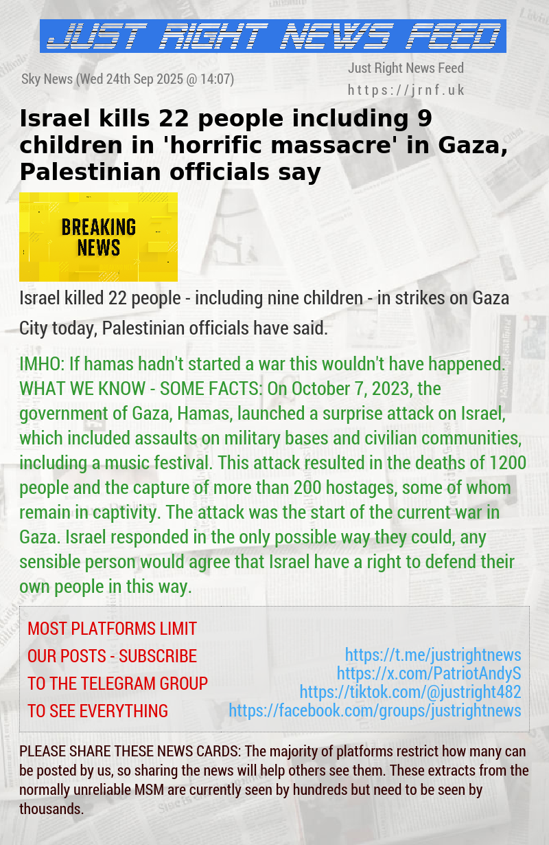 Israel kills 22 people including 9 children in ’horrific massacre’ in Gaza, Palestinian officials say