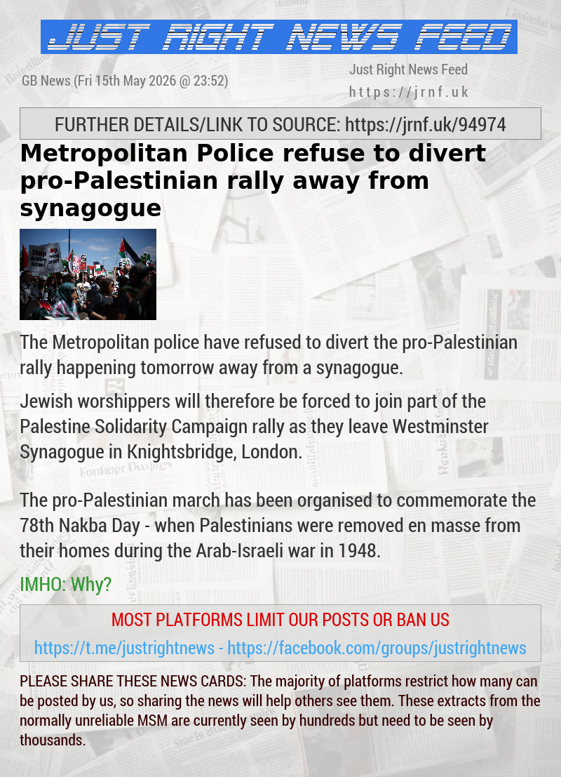 Metropolitan Police refuse to divert pro—Palestinian rally away from synagogue