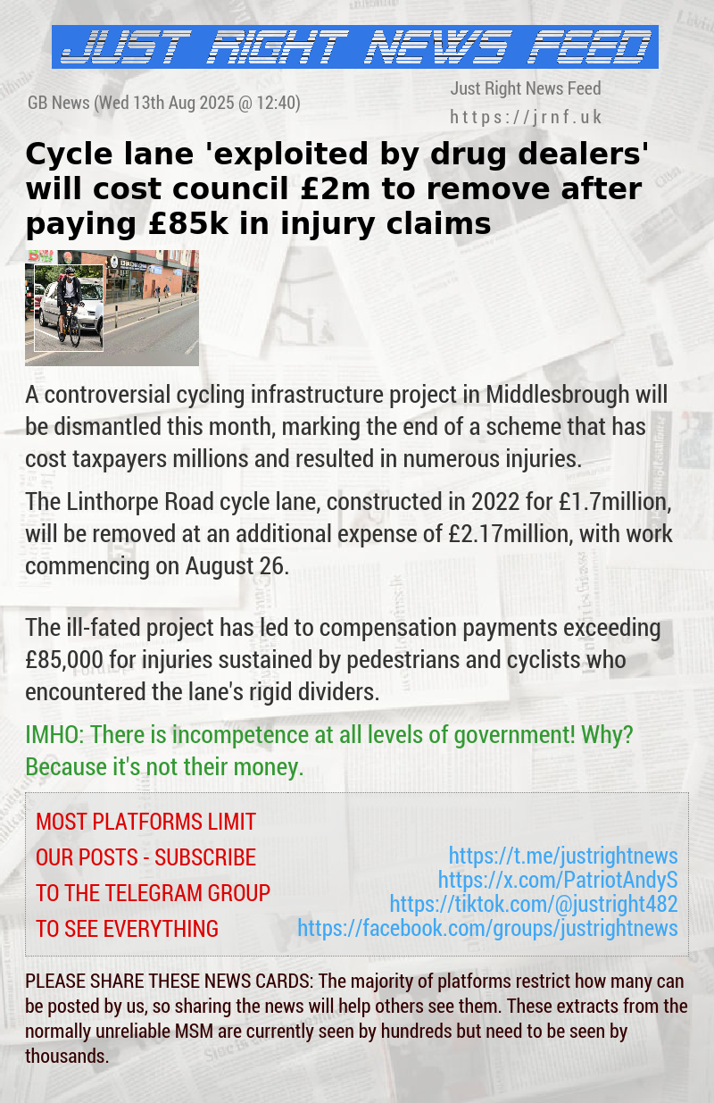 Cycle lane ’exploited by drug dealers’ will cost council &pound;2m to remove after paying &pound;85k in injury claims