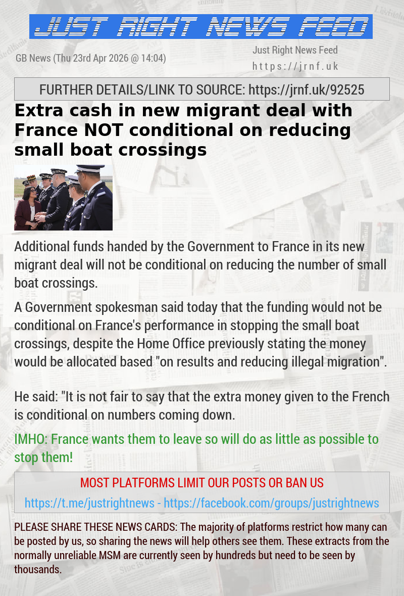 Extra cash in new migrant deal with France NOT conditional on reducing small boat crossings