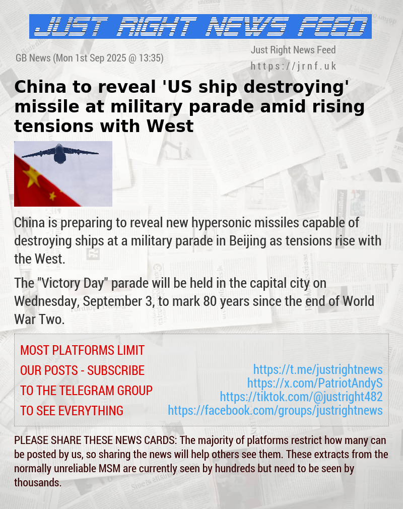 China to reveal ’US ship—destroying’ missile at military parade amid rising tensions with West