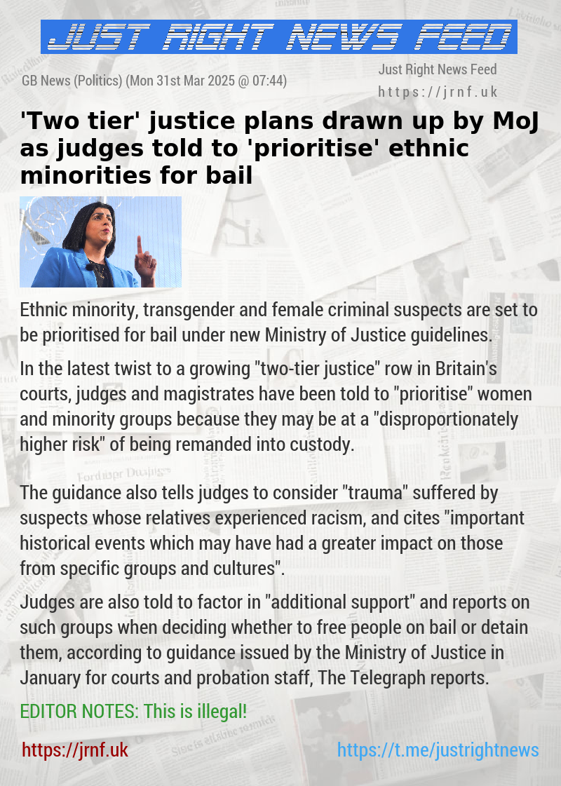 ’Two—tier’ justice plans drawn up by MoJ as judges told to ’prioritise’ ethnic minorities for bail