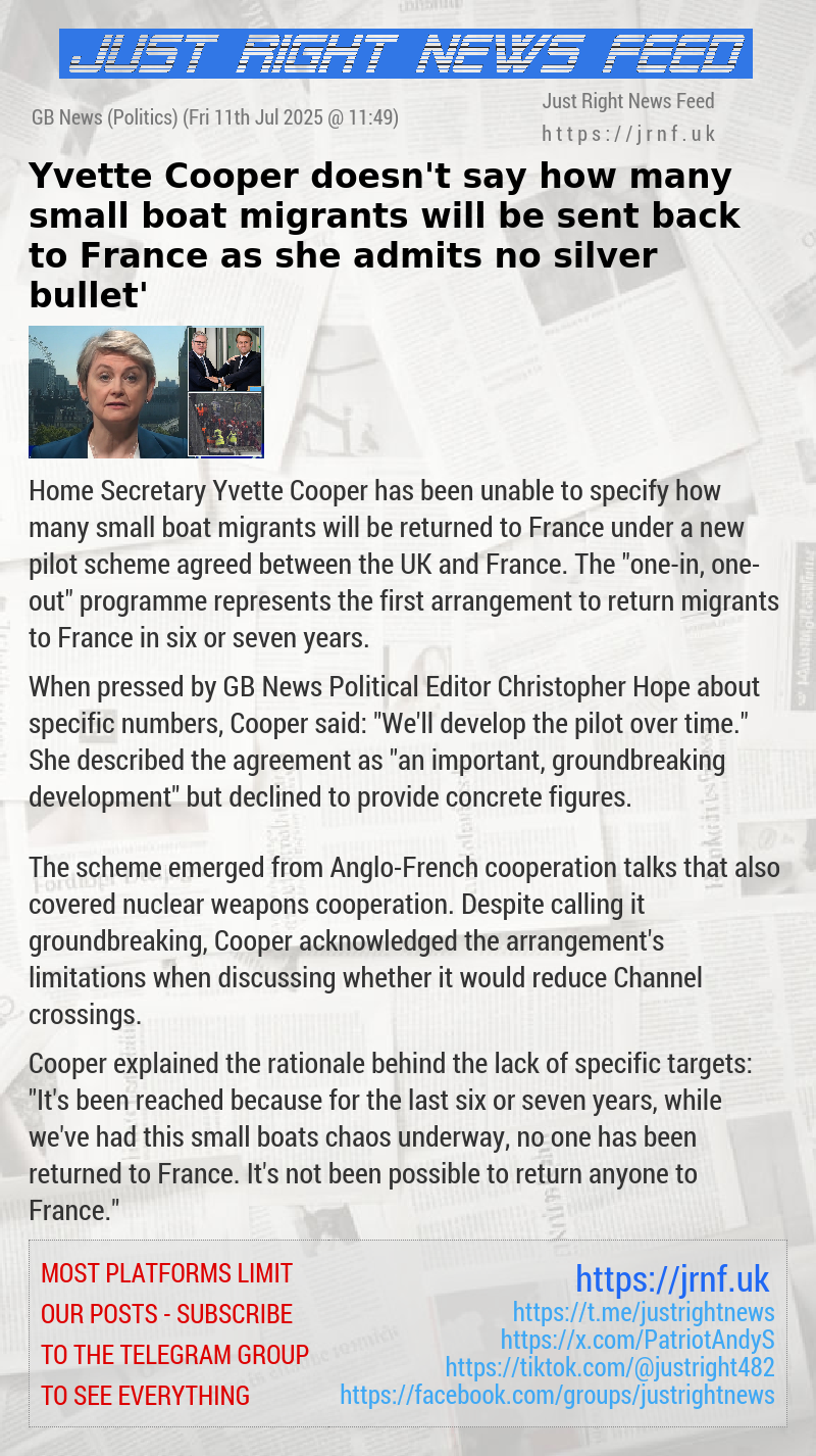 Yvette Cooper doesn’t say how many small boat migrants will be sent back to France as she admits ‘no silver bullet’