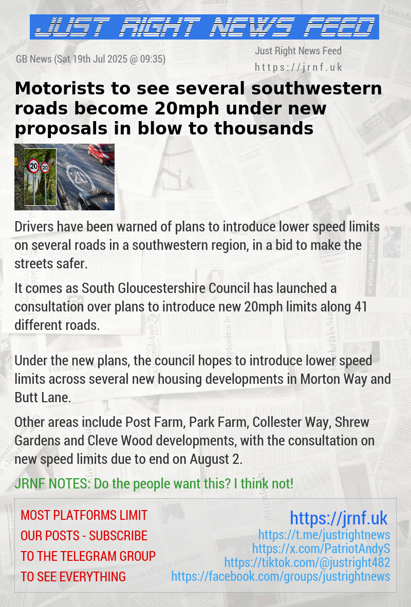 Motorists to see several southwestern roads become 20mph under new proposals in blow to thousands