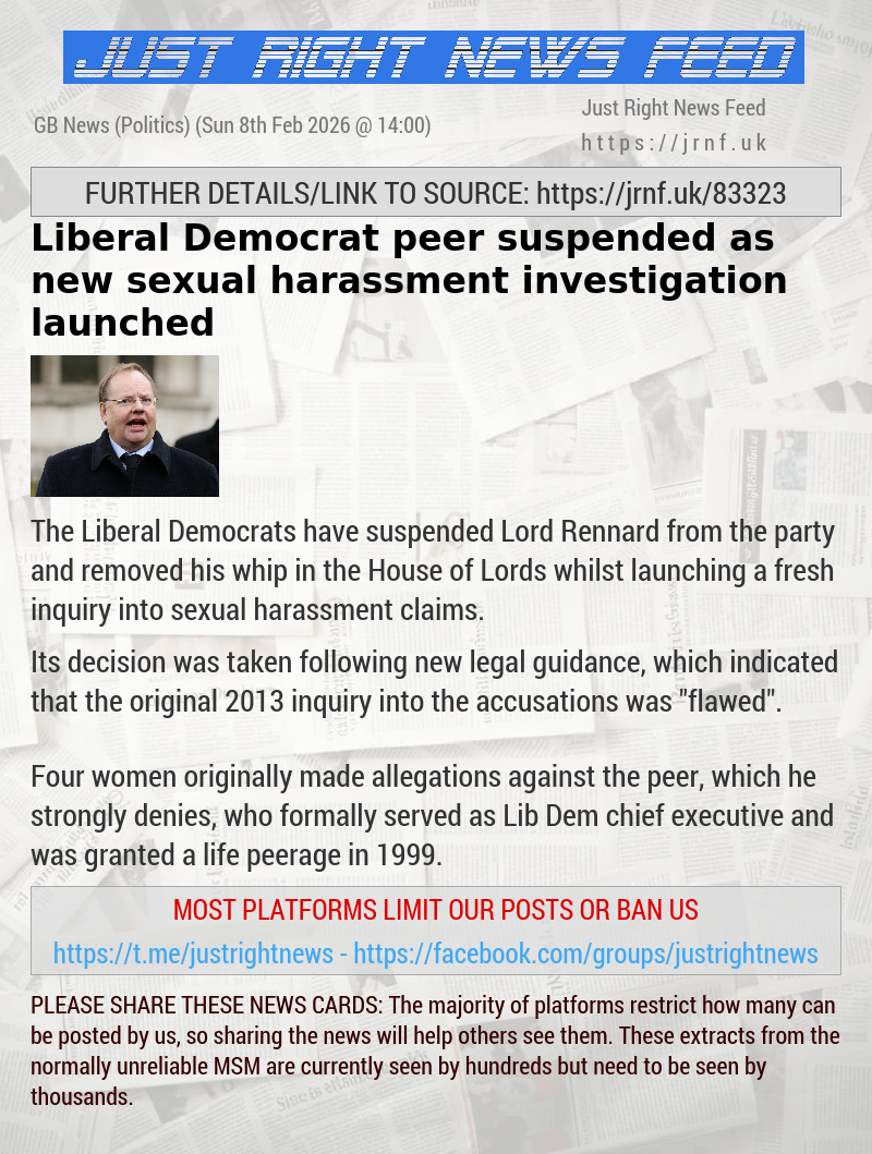 Liberal Democrat peer suspended as new sexual harassment investigation launched