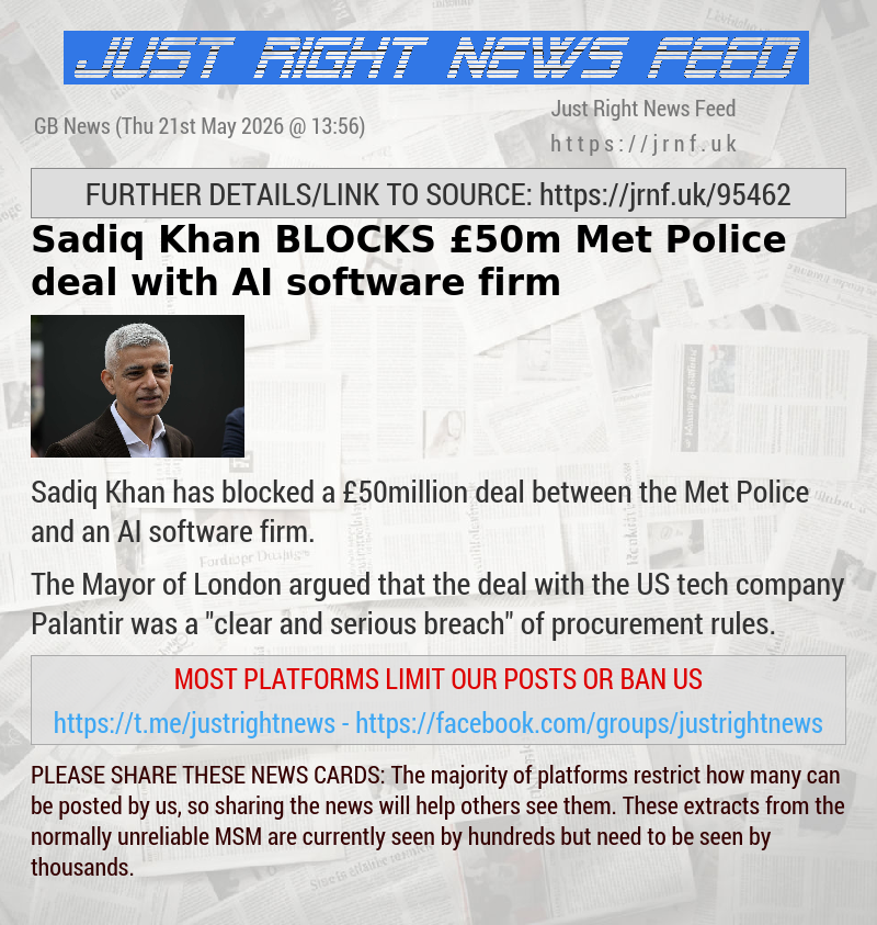 Sadiq Khan BLOCKS &pound;50m Met Police deal with AI software firm