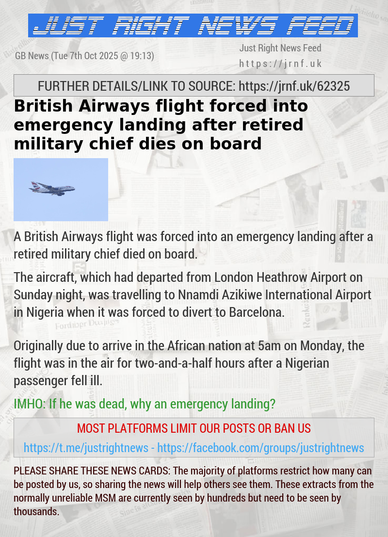 British Airways flight forced into emergency landing after retired military chief dies on board