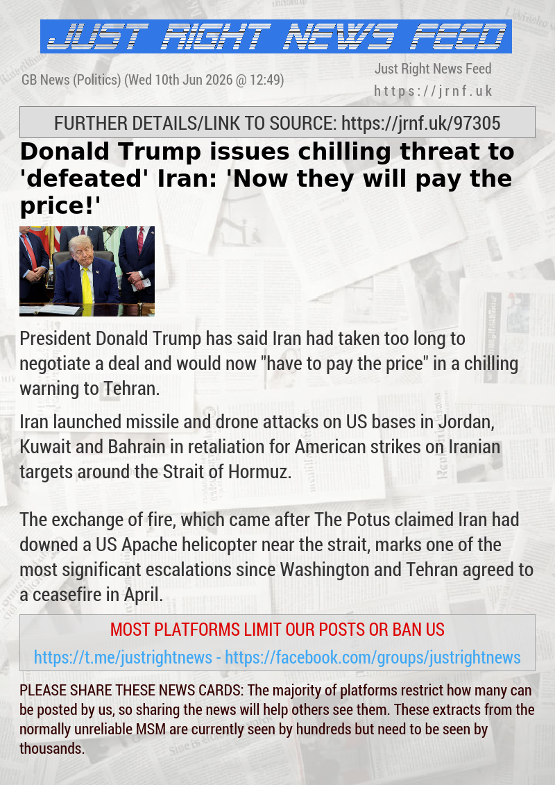 Donald Trump issues chilling threat to ’defeated’ Iran: ’Now they will pay the price!’