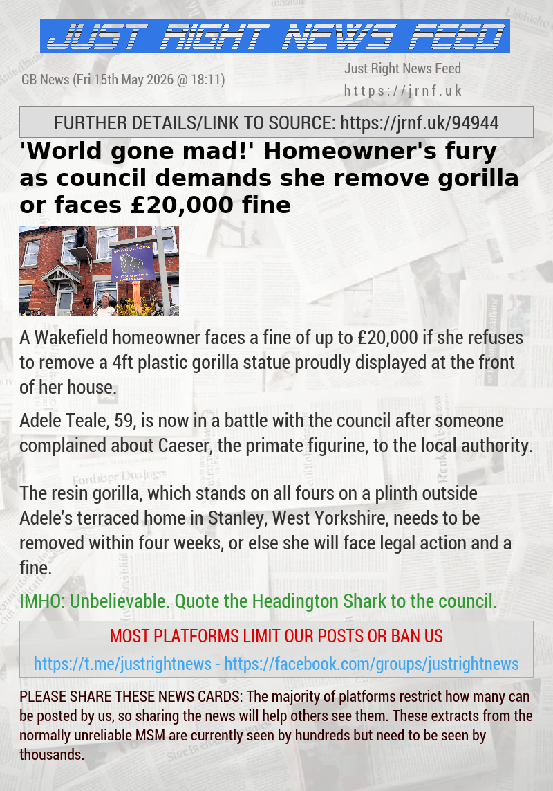 ’World  gone mad!’ Homeowner’s fury as council demands she remove gorilla or faces &pound;20,000 fine
