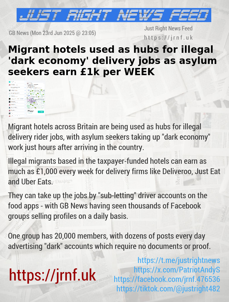 Migrant hotels used as hubs for illegal ’dark economy’ delivery jobs as asylum seekers earn &pound;1k per WEEK