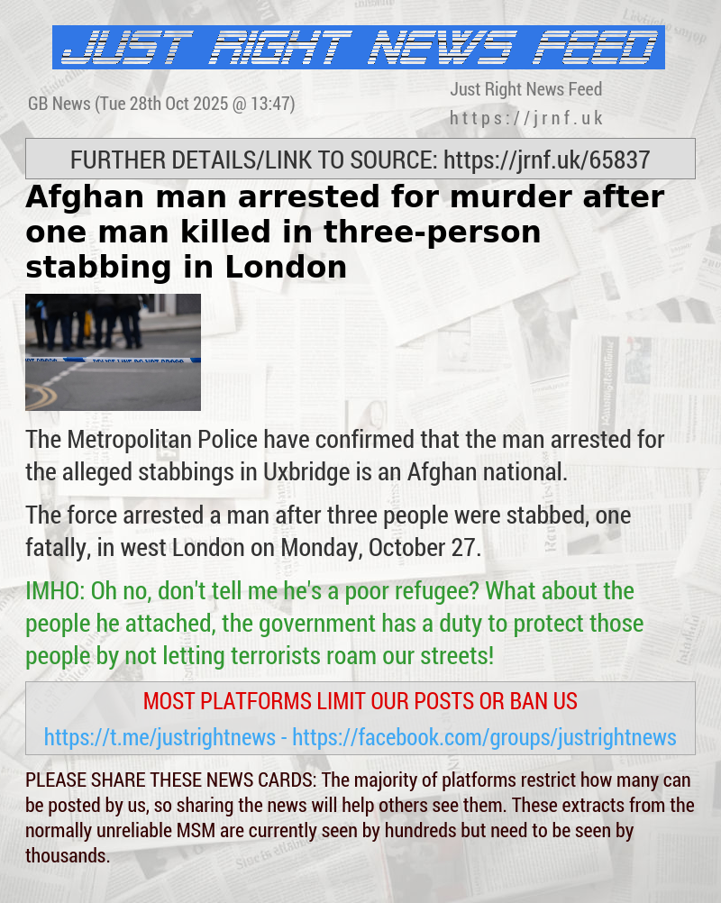 Afghan man arrested for murder after one man killed in three—person stabbing in London