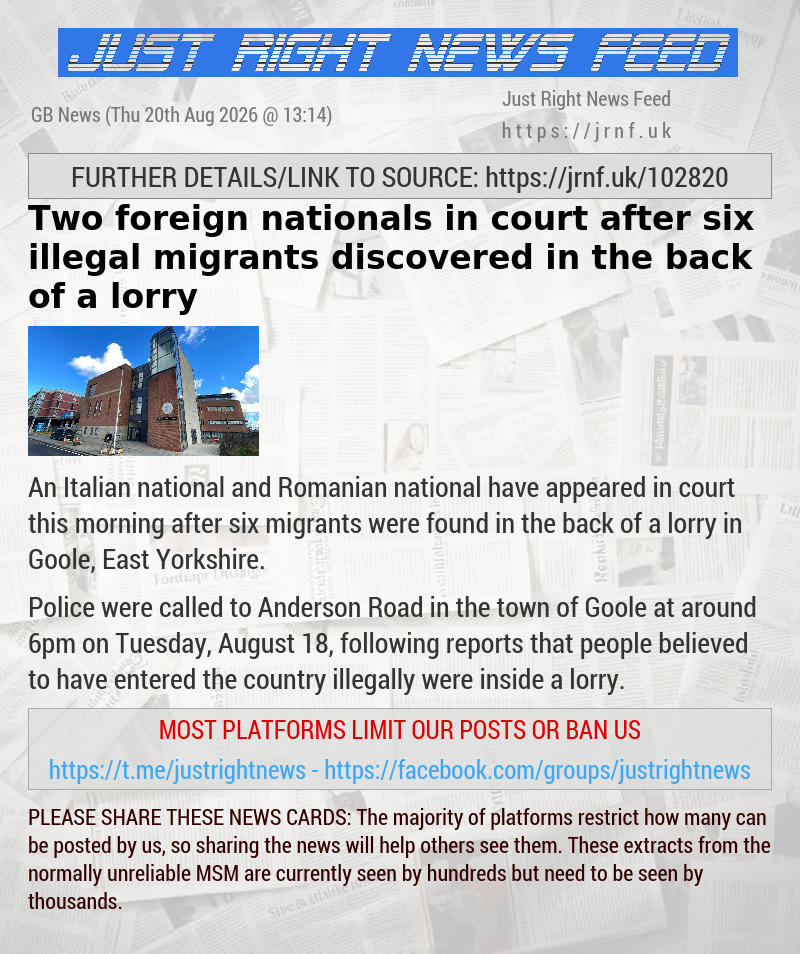 Two foreign nationals in court after six illegal migrants discovered in the back of a lorry