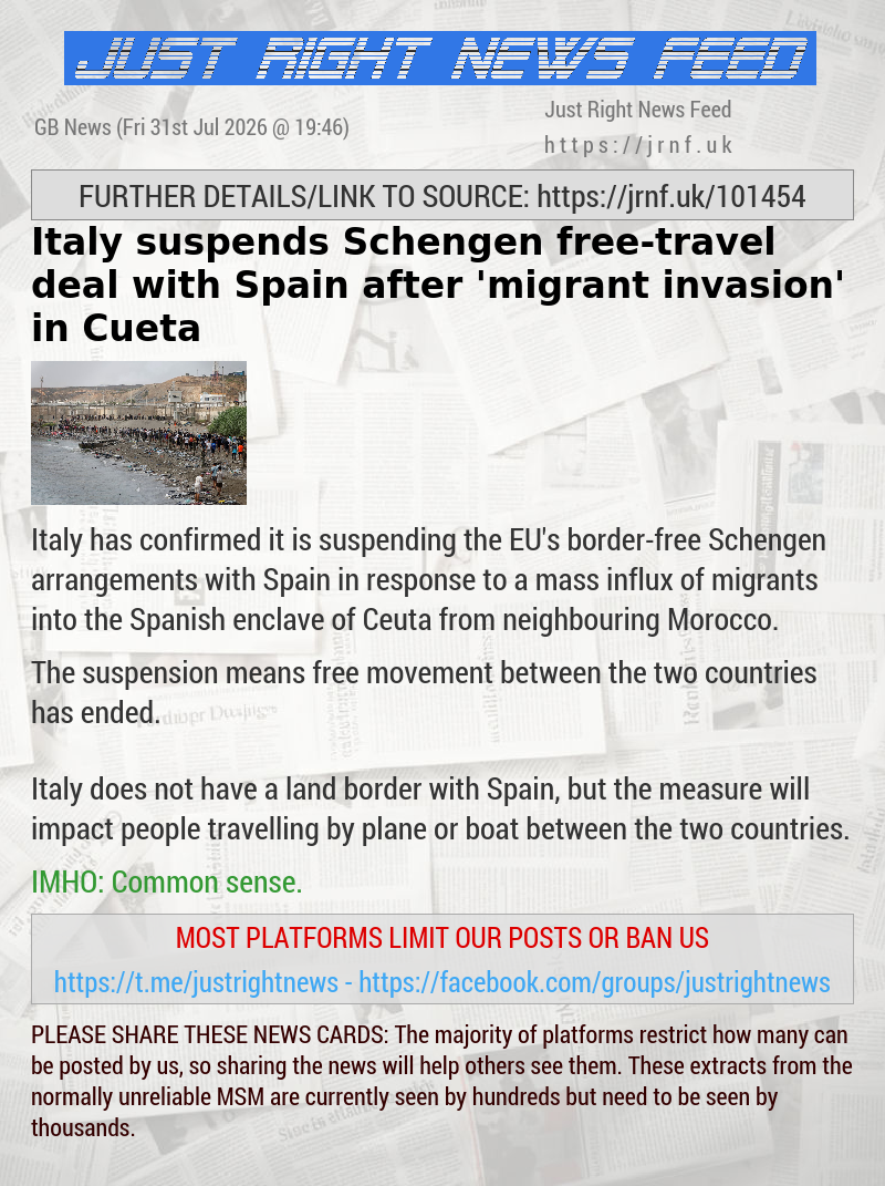 Italy suspends Schengen free—travel deal with Spain after ’migrant invasion’ in Cueta
