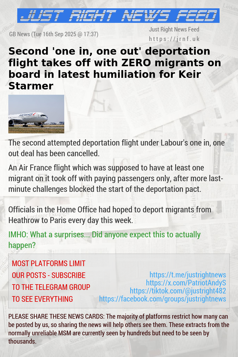 Second ’one in, one out’ deportation flight takes off with ZERO migrants on board in latest humiliation for Keir Starmer