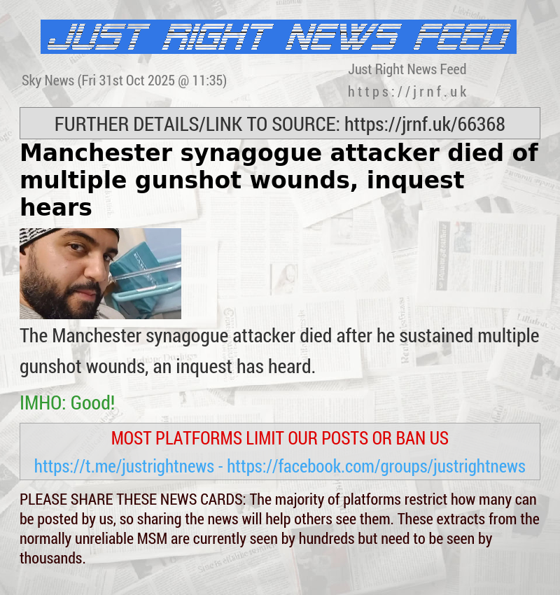 Manchester synagogue attacker died of multiple gunshot wounds, inquest hears