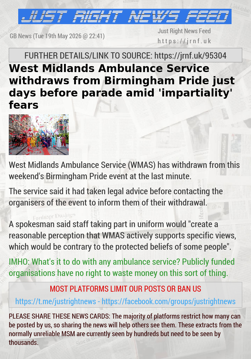 West Midlands Ambulance Service withdraws from Birmingham Pride just days before parade amid ’impartiality’ fears