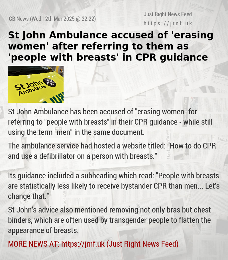 St John Ambulance accused of ’erasing women’ after referring to them as ’people with breasts’ in CPR guidance