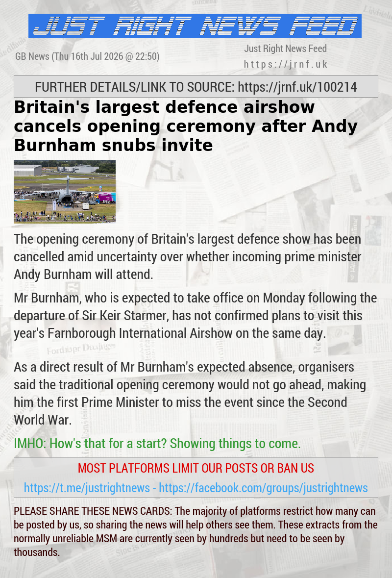 Britain’s largest defence airshow cancels opening ceremony after Andy Burnham snubs invite