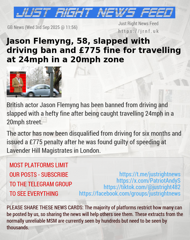 Jason Flemyng, 58, slapped with driving ban and &pound;775 fine for travelling at 24mph in a 20mph zone