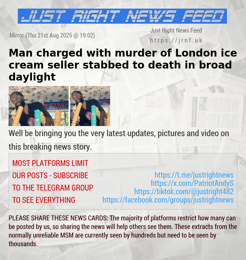 Man charged with murder of London ice cream seller stabbed to death in broad daylight