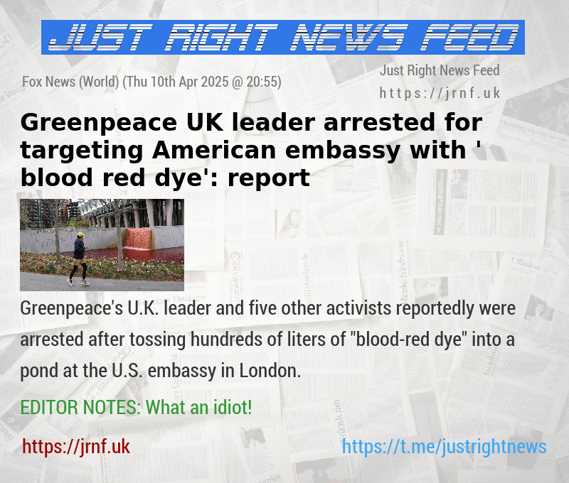 Greenpeace UK leader arrested for targeting American embassy with ’ blood—red dye’: report