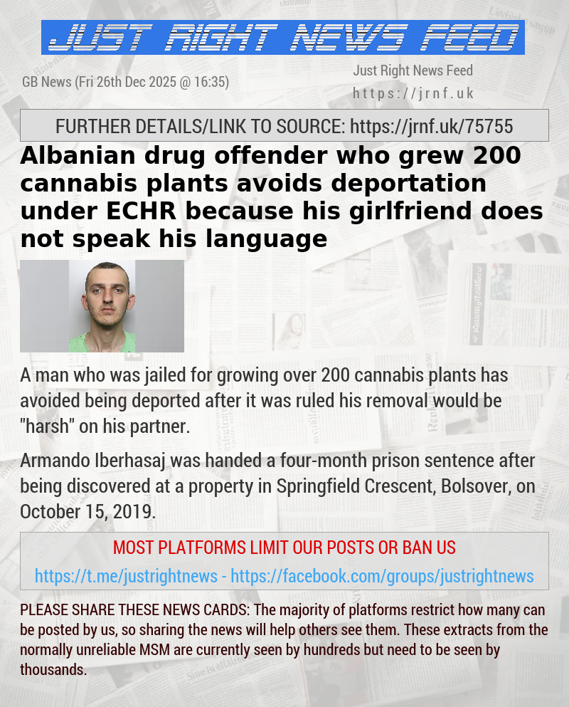 Albanian drug offender who grew 200 cannabis plants avoids deportation under ECHR because his girlfriend does not speak his language