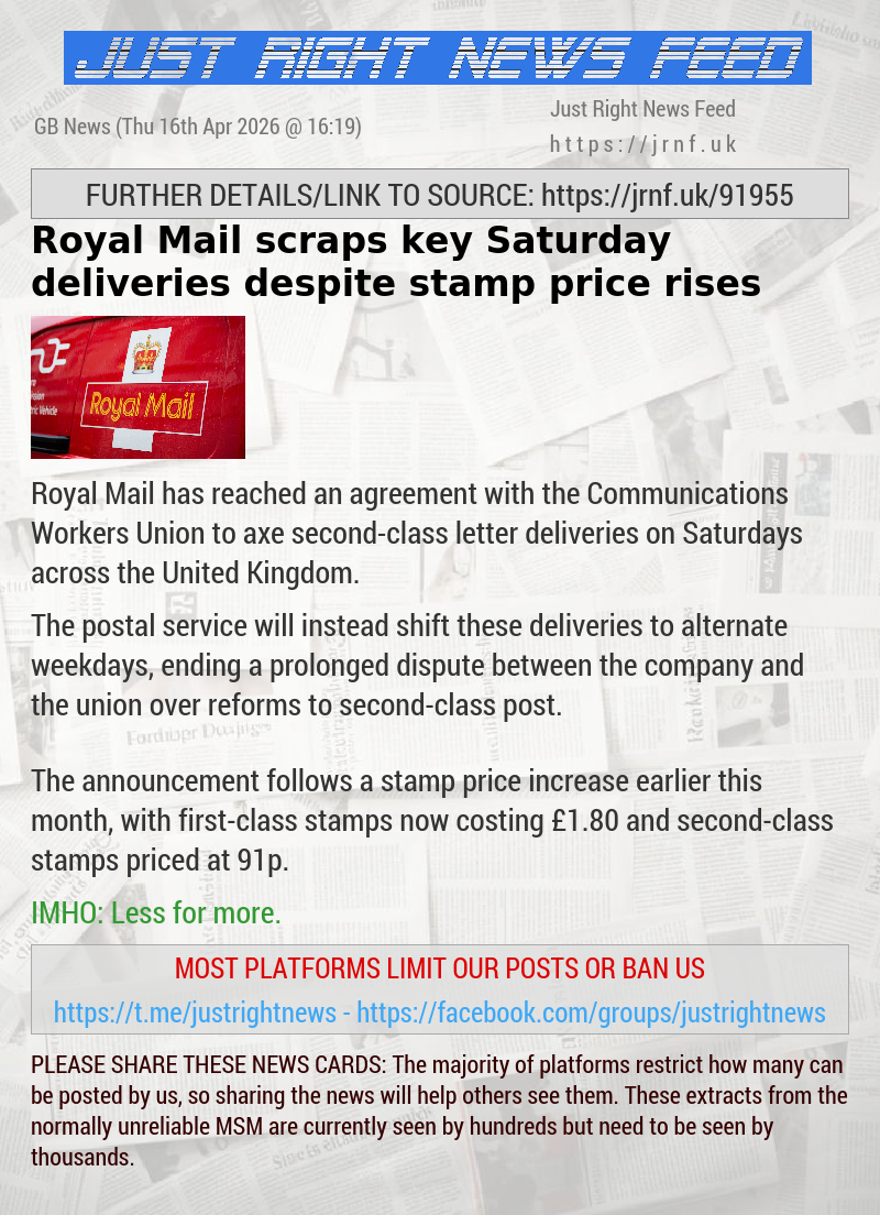 Royal Mail scraps key Saturday deliveries despite stamp price rises