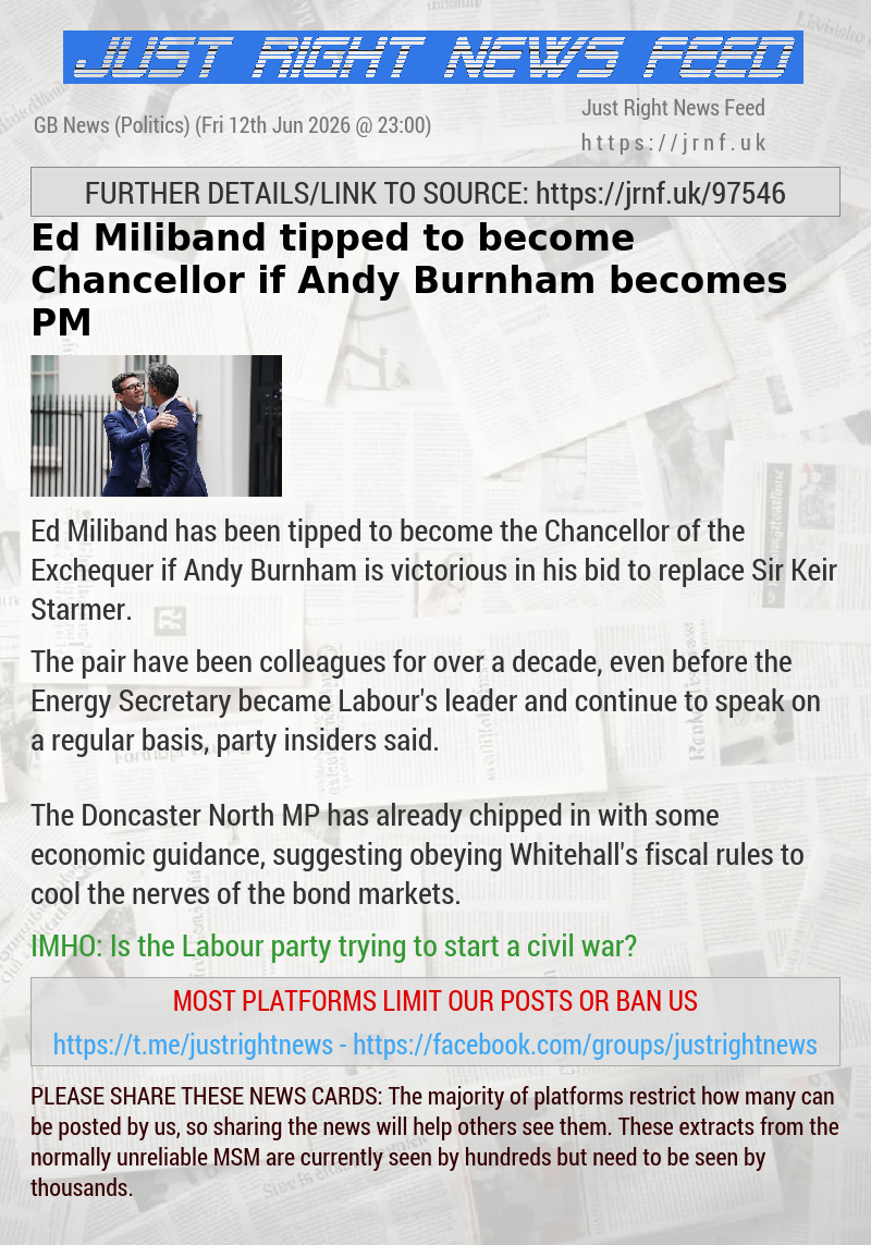 Ed Miliband tipped to become Chancellor if Andy Burnham becomes PM