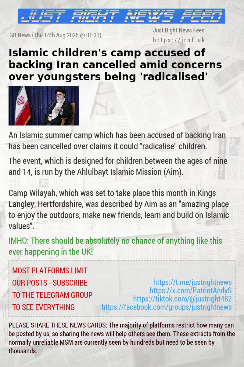 Islamic children’s camp accused of backing Iran cancelled amid concerns over youngsters being ‘radicalised’