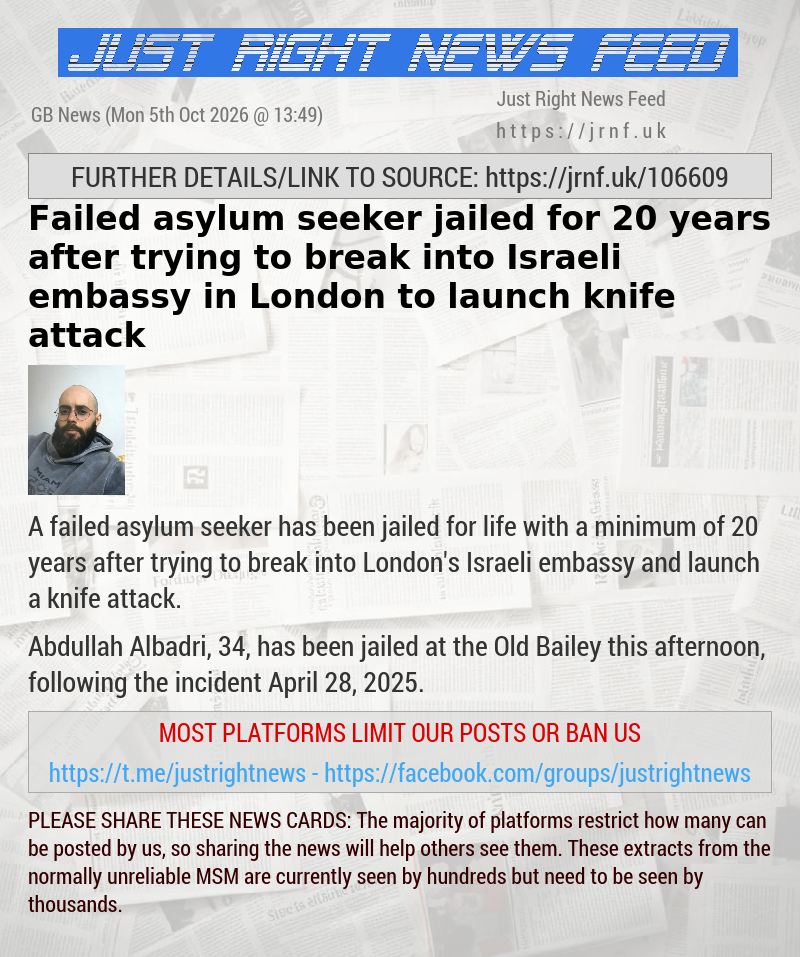 Failed asylum seeker jailed for 20 years after trying to break into Israeli embassy in London to launch knife attack