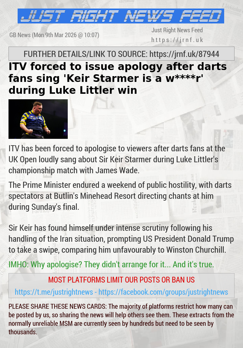 ITV forced to issue apology after darts fans sing ’Keir Starmer is a w****r’ during Luke Littler win