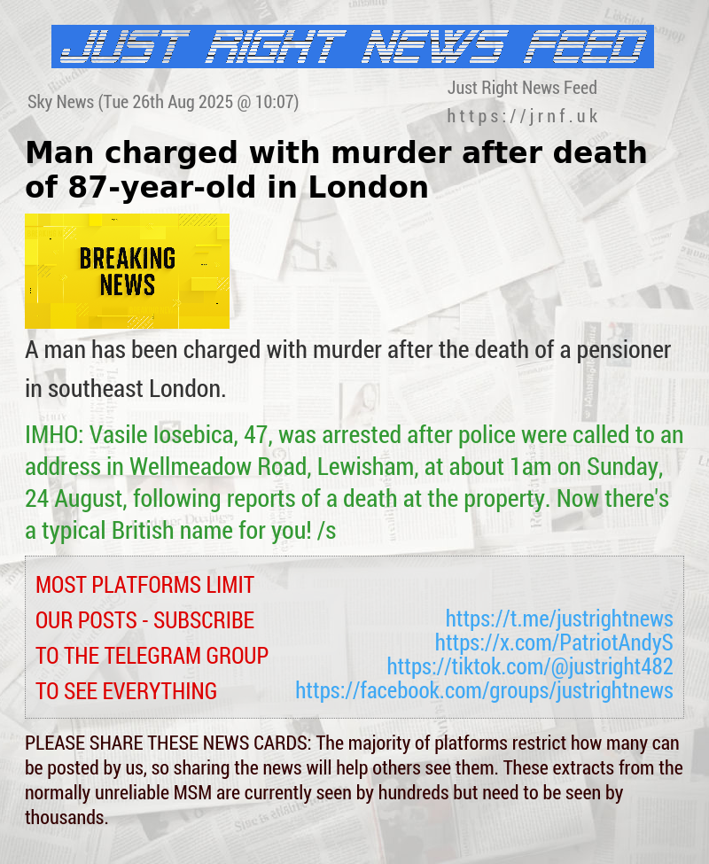 Man charged with murder after death of 87—year—old in London