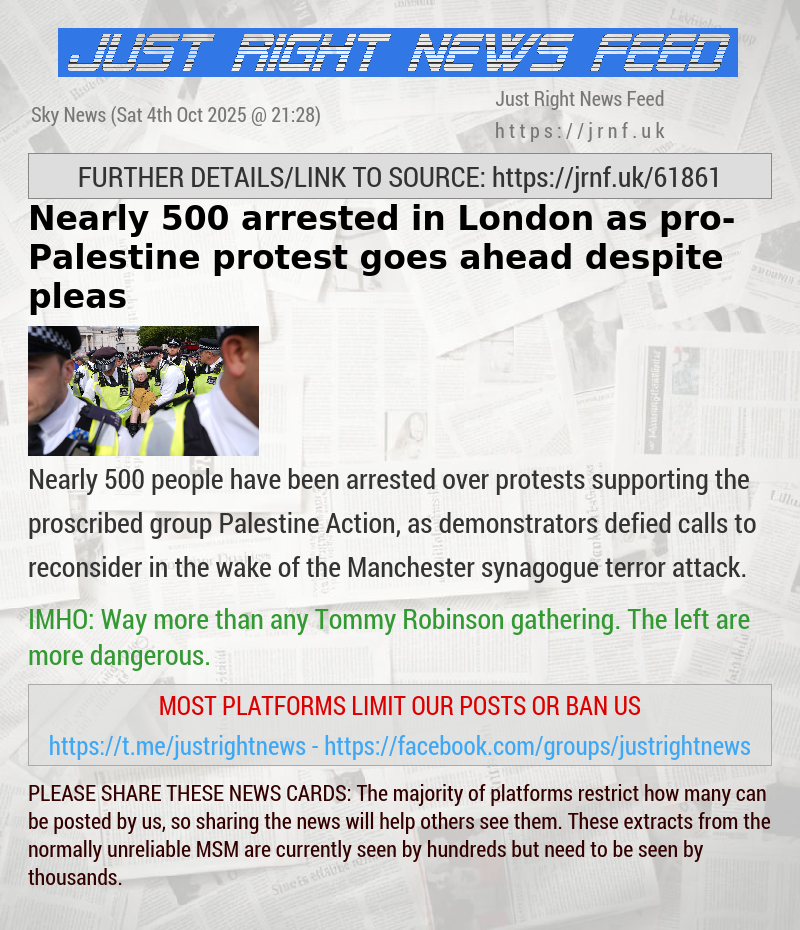 Nearly 500 arrested in London as pro—Palestine protest goes ahead despite pleas