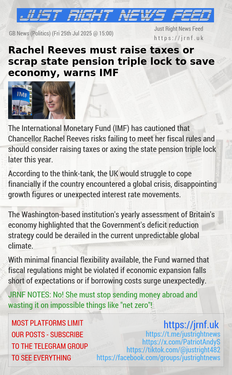 Rachel Reeves must raise taxes or scrap state pension triple lock to save economy, warns IMF