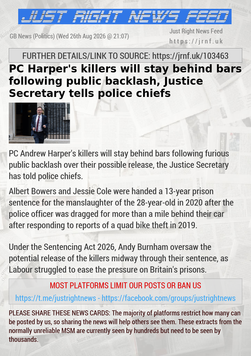 PC Harper’s killers will stay behind bars following public backlash, Justice Secretary tells police chiefs